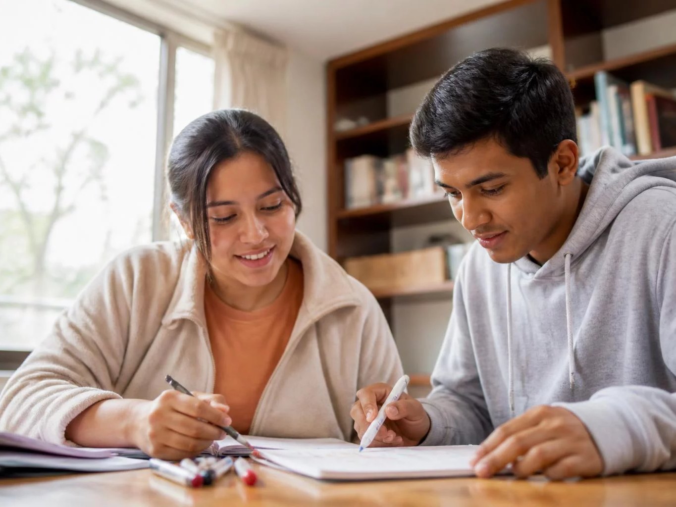 Dos participantes trabajando juntos con cuaderno y plumones